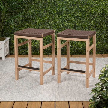 Armand 25.6" Modern Coastal Backless Acacia Wood Outdoor Counter Stool with Woven Rope Seat